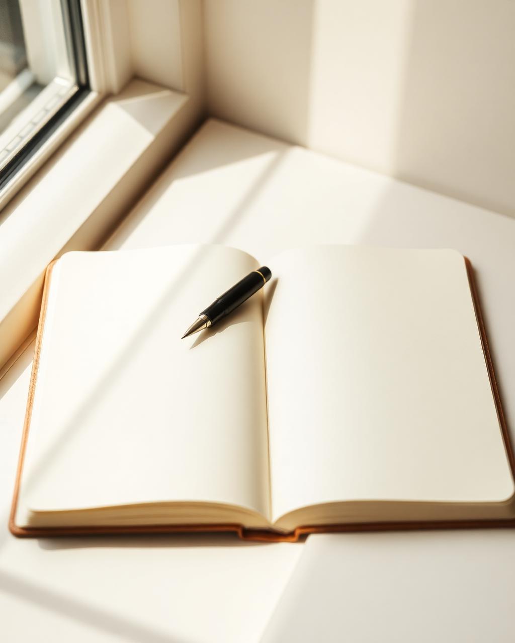 An open notebook with a fountain pen on a warm windowsill.